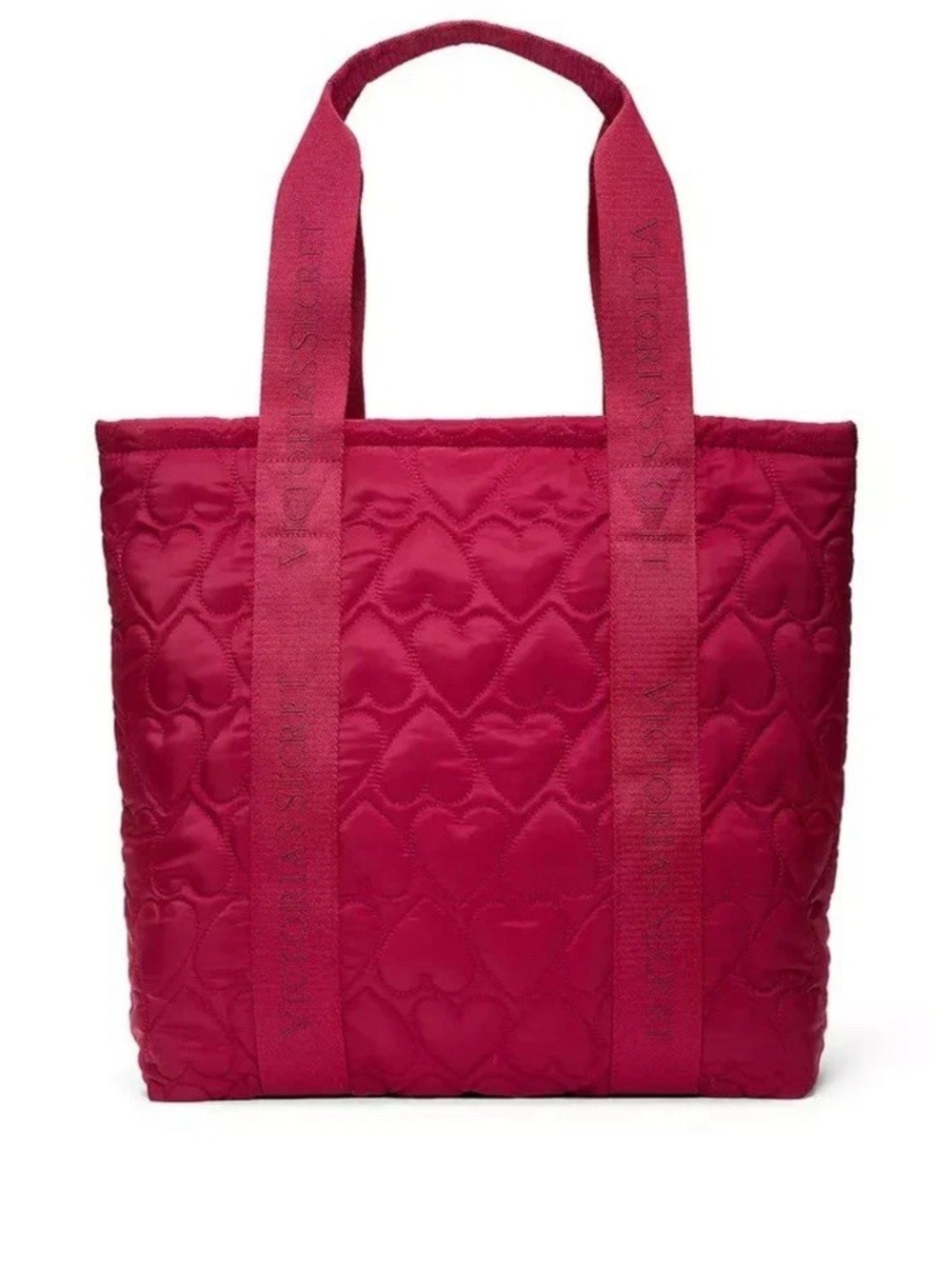 VICTORIA'S SECRET QUILTED PUFFER RED TOTE BAG HEARTS WEEKENDER NWT 18” W x 14.75